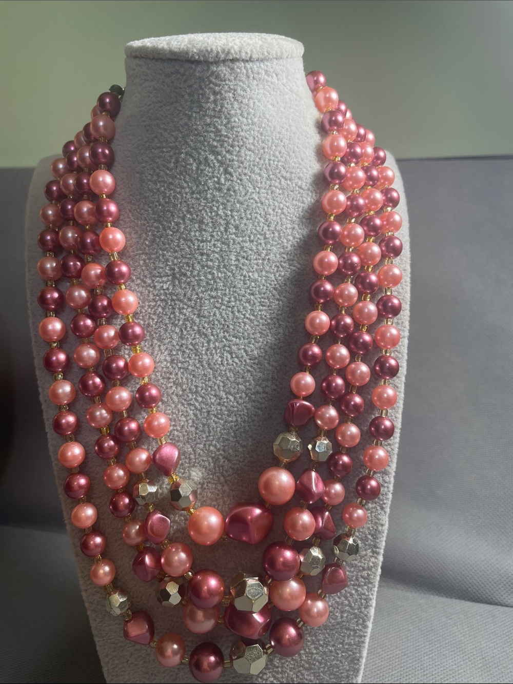 Vintage Layered Pink Pearl and Bead Statement Necklace 15” 3” extender